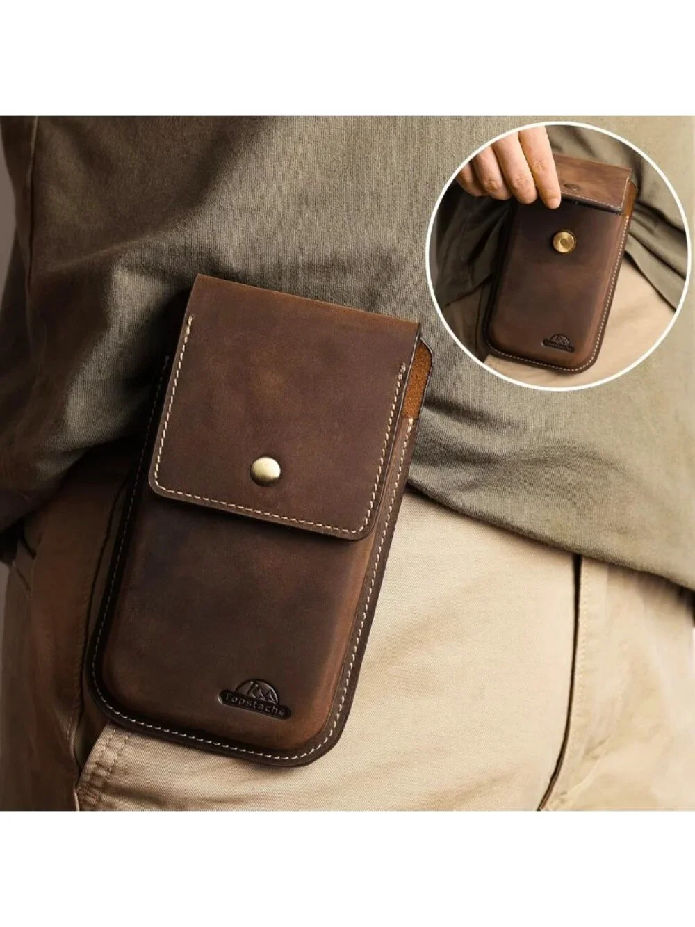 Leather Phone Holster for iPhone & Galaxy - Belt Clip Case, XL Dark Brown Pouch